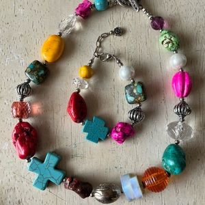 Boho Handmade Multicolored Stone, Glass & Acrylic Beaded Necklace & Bracelet Set